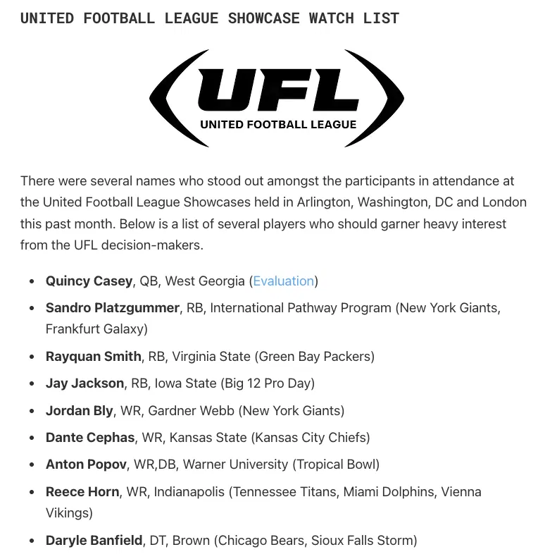 United Football League Showcase Watch List